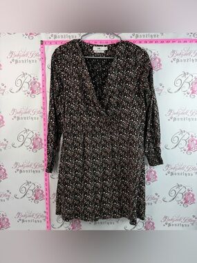 twik Long-Sleeve Floral Wrap-Style Dress with Black, Pink & White Flowers